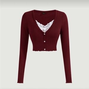 SHEIN MOD Contrast Lace Button Front Ribbed Tee Crop Sz M